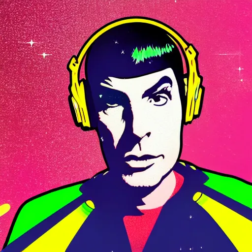 Image similar to svg sticker of a Pop-Wonder Captain-Spock-Star-Trek at a rave, spinning records, giant headphones rocking out, wearing headphones, huge speakers, dancing, rave, DJ, spinning records, digital art, amazing composition, rule-of-thirds, award-winning, trending on artstation, featured on deviantart