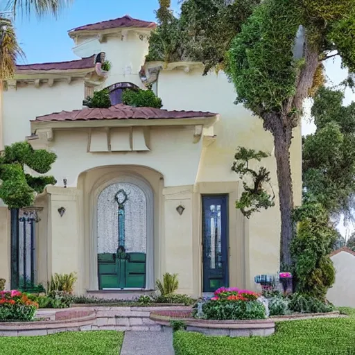 Image similar to the house that my mother in law lives in, nice but gaudy in california, real estate promo image, photorealistic