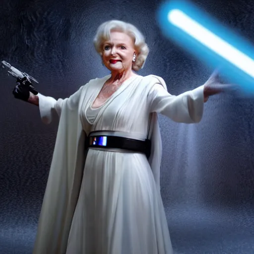 Image similar to betty white in'star wars'as a sith lord fighting storm troopers, full body, cinematic scene, cinematic lighting, 1 4 mm