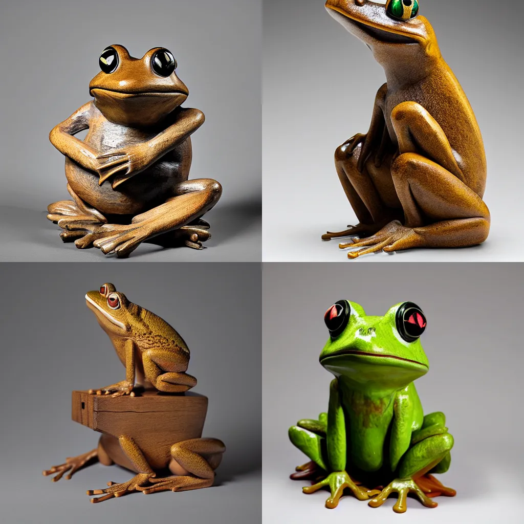 Prompt: a wooden sculture of a frog, studio lighting