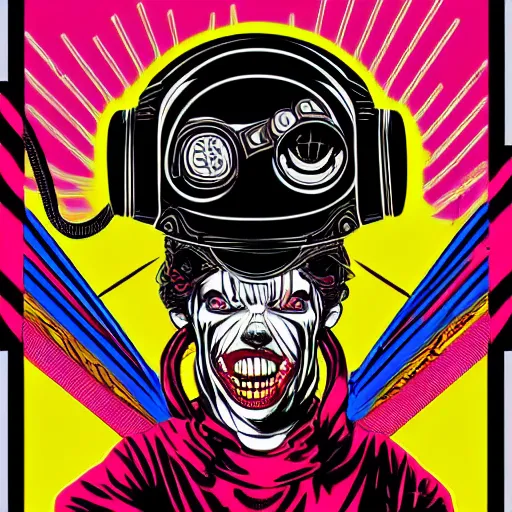 Image similar to Illustrated by Shepard Fairey and H.R. Geiger | Cyberpunk Clown Vampire with VR helmet, surrounded by cables