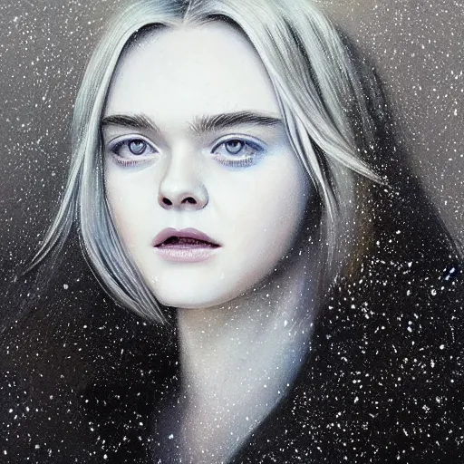 Prompt: professional painting of Elle Fanning in the style of Christopher Balaskas, head and shoulders portrait, symmetrical facial features, smooth, sharp focus, illustration, intricate, stormy weather, extremely detailed masterpiece,