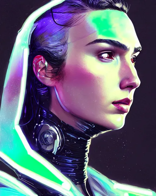 Image similar to detailed side profile portrait Gal Gadot, cyberpunk futuristic neon, reflective puffy coat, decorated with traditional Japanese ornaments by Ismail inceoglu dragan bibin hans thoma greg rutkowski Alexandros Pyromallis Nekro Rene Maritte Illustrated, Perfect face, fine details, realistic shaded, fine-face, pretty face