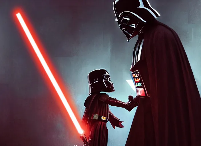 Image similar to a dramatic highly detailed render of darth vader with lightsaber drawn facing off against a cute baby, futuristic star wars vibe, by WLOP and Artgerm and Greg Rutkowski and Alphonse Mucha, Beautiful dynamic dramatic dark moody lighting, shadows, cinematic atmosphere, Artstation, concept design art, Octane render, 8K, masterpiece, sharp focus, hyperrealistic