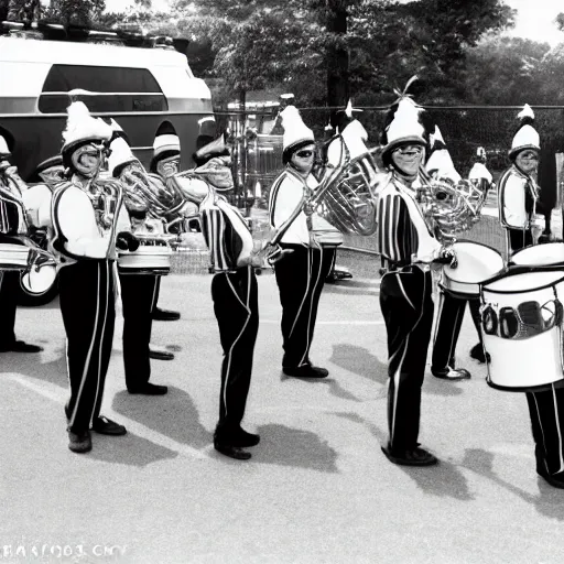 Prompt: photograph of madison scouts drum and bugle corps drum line from 1 9 9 2 warming up beside a madison scouts drum and bugle corps tour bus, photorealism, detailed