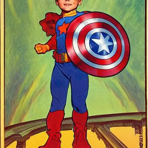 Image similar to a little boy with a mischievous face and short ginger hair. he is dressed as captain america, spider - man, batman, captain marvel, a superhero. well composed, clean elegant painting, beautiful detailed face. painting by steve ditko and jack kirby and alphonse mucha