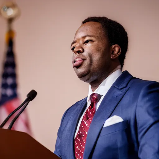 Image similar to a fox animal dressed in a suit giving a presidential press conference, 8 5 mm f / 1. 4