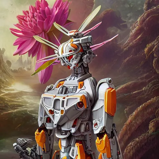 Image similar to futuristic nymphaea mecha waterlily upper body, sepals forming helmet, floral details, nymphaea, 8 k hd resolution, barbatos gundam with floral inlay, bandai box art, star wars, tristan eaton, makoto kobayashi, frank gehry, raymond swanland