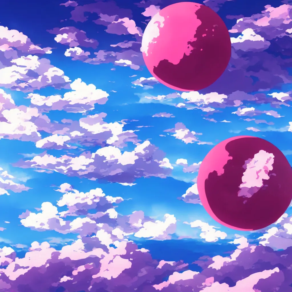 Prompt: Big pink sphere surrounded by blue sky, beautiful matte painting in anime style,