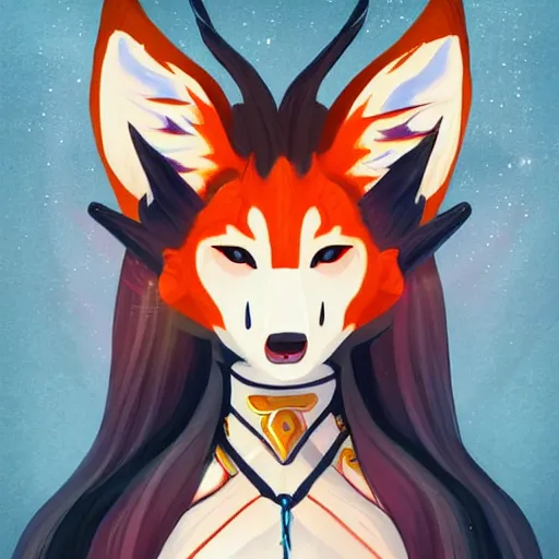 Prompt: a painted avatar portrait of an awesome powerful humanoid kitsune fox mage themed around life and death, in the style of dnd beyond avatar portraits, beautiful, artistic, elegant, lens flare, magical, lens flare, nature, realism, stylized