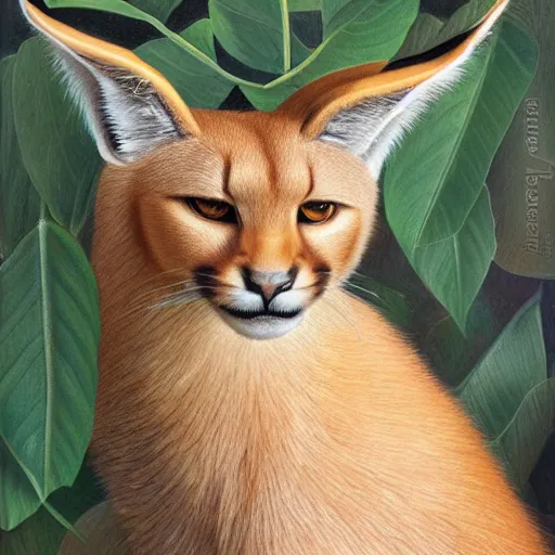 Image similar to fullbody portrait of cute fluffy caracal, wearing laurel wreath on his head, illustration, high detail, francine van hove