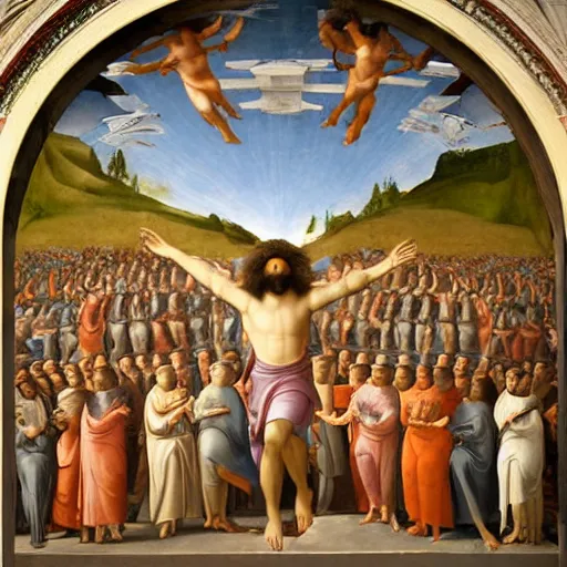 Image similar to Moodymann ascends to Heaven on a flying turntable, fresco, by Raphael, Giotto, Michelangelo