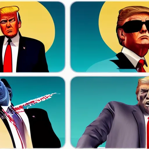 Image similar to Donald Trump in the style of GTA v, Miami beach, GTA v video game art, sunset aesthetic