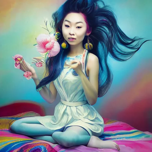 Prompt: young cute asian woman with flowing hair dressed in a small top sitting on bed, she is smiling, rendered in octane, photorealism, by Ansel Adams David Suh Lisa Frank Peter Mohrbacher Artgerm