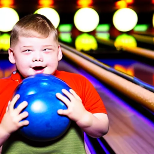 Image similar to a bowling ball with arms and legs holds a small human man in his hands in a bowling alley