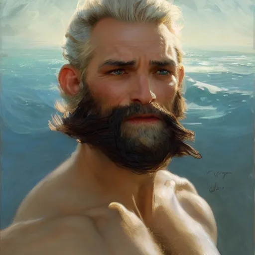 Prompt: detailed cinematic wide shot of muscular attractive masculine sea captain man beard slim face symettrical face clean skin blue eyes white hair, ultra realistic, spring light, painting by gaston bussiere, craig mullins, j. c. leyendecker