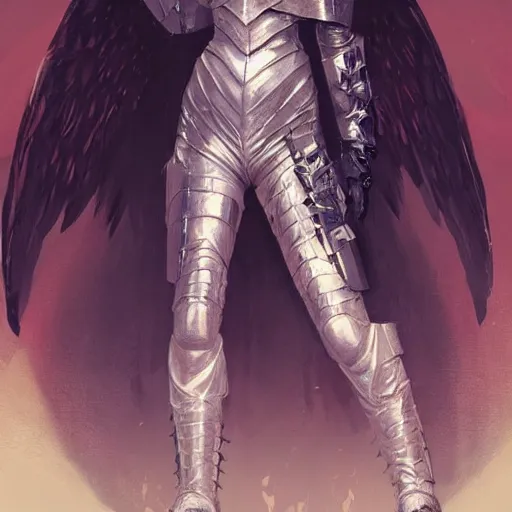 Image similar to angel in plastic armor, high fashion, pretty face, full body shot, well built, art by greg rutkowski