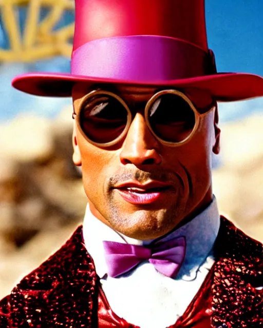 Prompt: Film still close-up shot of Dwayne Johnson as Willy Wonka from the movie Willy Wonka & The Chocolate Factory. Photographic, photography