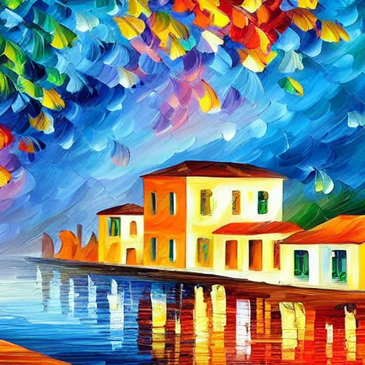 Image similar to beautiful seaside greek village in the style of leonid afremov