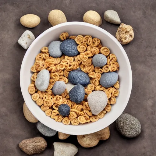 Image similar to giant bowl of cereal and milk, with stones and rocks in the milk.