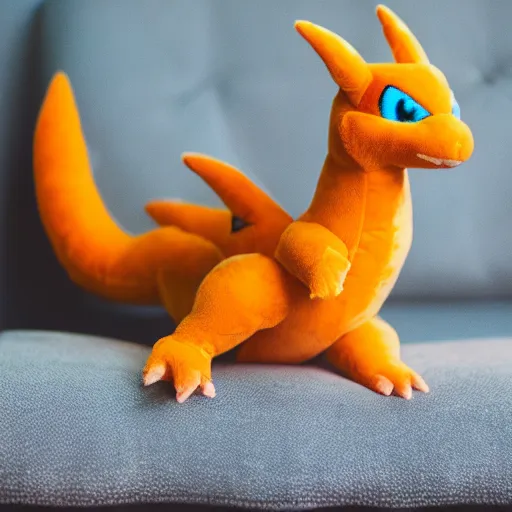 Image similar to colorful charizard fluffy plushy toy on the side of a couch, close up dslr photo