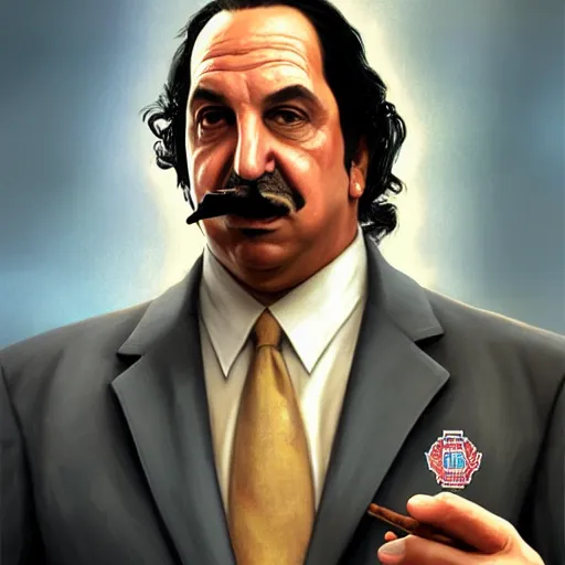 Image similar to handsome Ron Jeremy as President of United States of America as GTA character smoking a cuban cigar, sci-fi fantasy, closeup, D&D, intricate, elegant, highly detailed, digital painting, artstation, concept art, matte, sharp focus, illustration, art by Artgerm and Greg Rutkowski and Alphonse Mucha