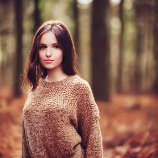 Image similar to real life photo of a beautiful girl, full body photoshoot, long brown hair, brown eyes, full round face, short smile, belly free, brown sweater, forest setting, cinematic lightning, medium shot, mid - shot, highly detailed, trending on artstation, unreal engine 4 k, 8 0 mm, 8 5 mm, cinematic wallpaper