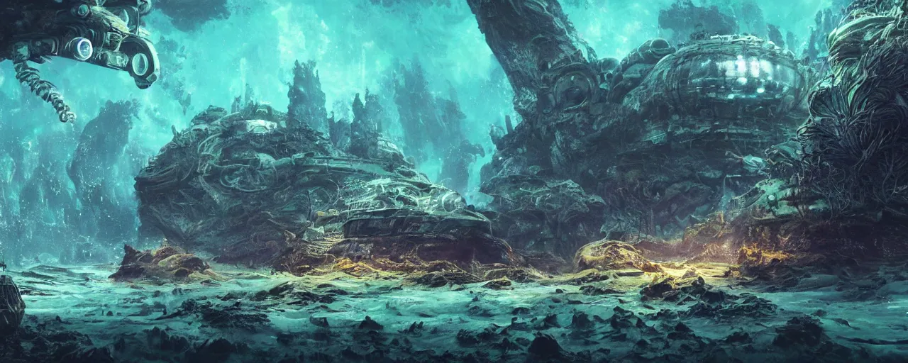 Image similar to ” underwater alien landscape, [ organic, liquid, cinematic, detailed, epic, widescreen, opening, establishing, mattepainting, photorealistic, realistic textures, octane render, art by slop and paul lehr ] ”