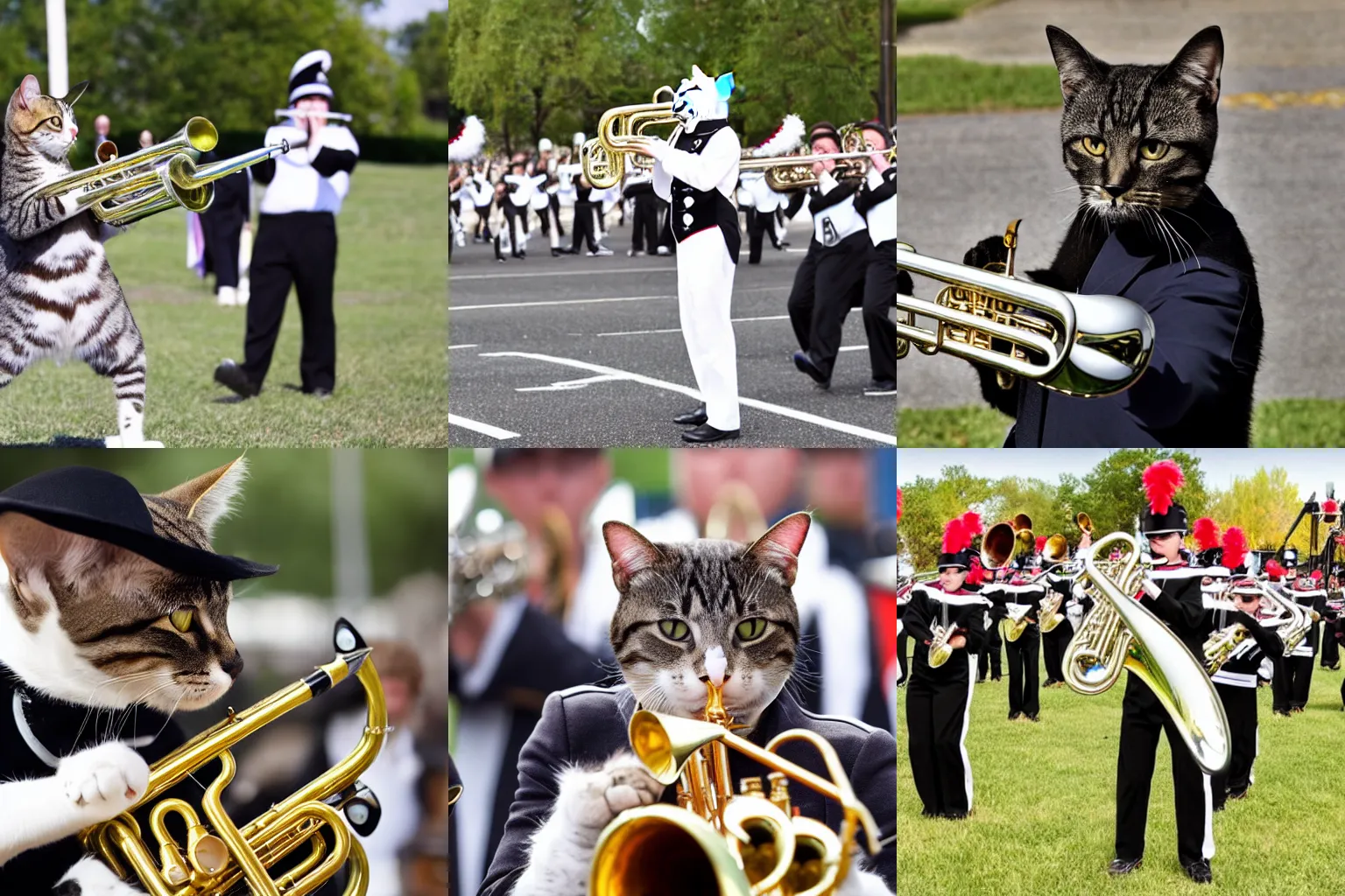 Prompt: a cat in a marching band playing a trumpet