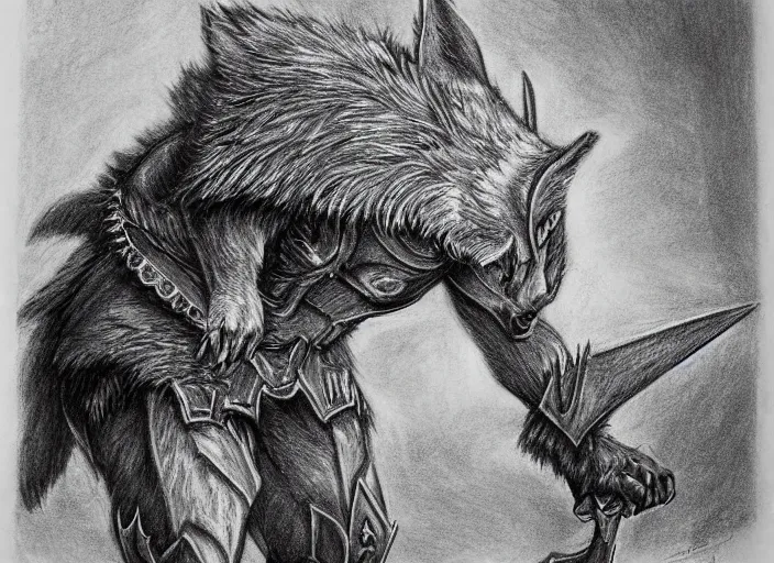 Image similar to a pencil drawing of a wolf, full body, D&D, armor, made by by Pen Tacula