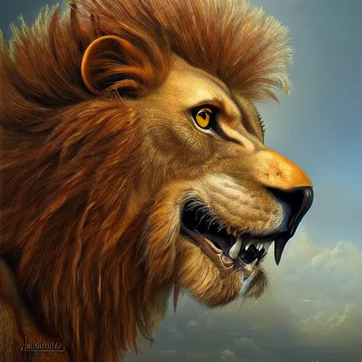 Prompt: a realistic oil painting portrait of a griffon ( lion eagle hybrid ), highly detailed, trending on artstation, by james gurney and michael whelan