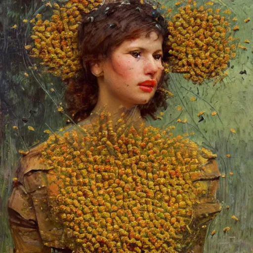 Image similar to a sculpture portrait made of bees and honey and flowers and plants, painting part by wojciech siudmak, part by ilya repin, part by max ernst, part by norman rockwell, artstation