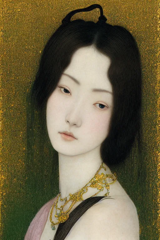 Image similar to Portrait of a Beautiful Japanese female, sad green eyes, pale skin, elegant, jewellery, digital painting, Pre-Raphaelites, highly detailed, concept art, smooth, sharp focus, gold and indigo, illustration, art by Klimt .