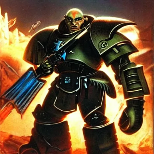 Prompt: Astartes are fighting against space orcs, huge armies, epic battle, a bunch of explosions, bullet tracers, Astartes are very well detailed, orcs are very well detailed, Photo style retro futurism art