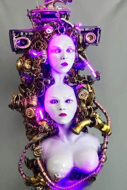 Image similar to full-body porcelain rococo futuristic style sculpture of a young beautiful goddess as a half-robot wearing retro shades, red lips, mechanical eyes, leaking glowing neon radioactive liquid, electric sparks, glowing violet laser beam eyes, crown of giant diamonds, gold chain steampunk necklace, flowing purple satin, luminescent fabrics, mechanical roses. baroque and steampunk elements. full-length view. baroque element. intricate artwork by caravaggio. Trending on artstation, octane render, cinematic lighting from the right, hyper realism, octane render, 8k, depth of field, 3D