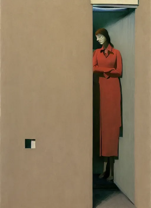 Image similar to woman wearing paper bags for clothes standing inside paper bags at store display Edward Hopper and James Gilleard, Zdzislaw Beksinski, highly detailed