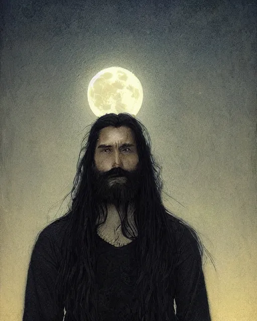 Prompt: portrait of a man with long black hair and beard holding a bird, full moon in the background, fine portrait, beautiful, concept art, by greg rutkowski, by jean delville