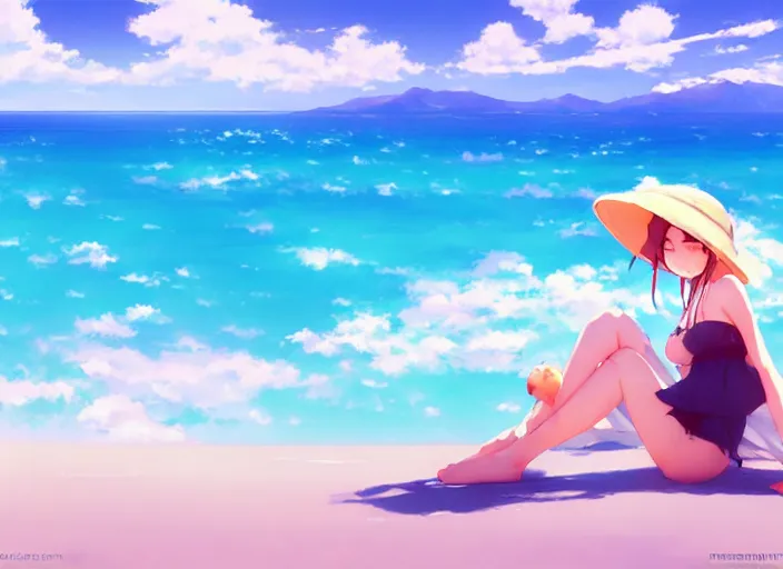 Image similar to a cute girl in a bikini and sunhat sitting on a towel on the beach, rocky mountains far in the distance, fluffy clouds on the horizon, by makoto shinkai an krenz cushart