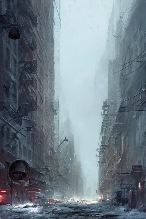 Image similar to Street in post apocalyptic Manhattan new york after a Blizzard, snow Storm, dramatic lighting, cinematic, establishing shot, extremly high detail, photo realistic, cinematic lighting, post processed, concept art, artstation, matte painting, style by eddie mendoza, raphael lacoste, alex ross