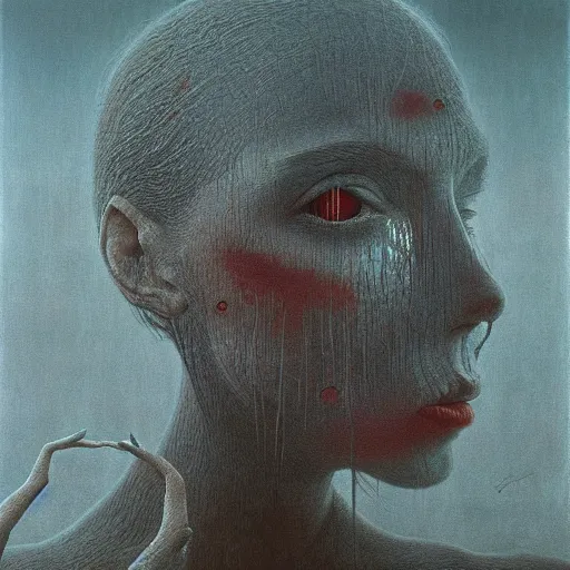 Image similar to her eyes wide by zdzislaw beksinski, oil on canvas