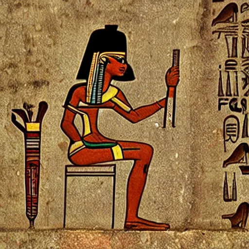 Image similar to ancient egyptian hieroglyphs depicting a person listening to a Walkman CD player