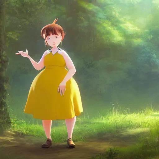 Prompt: concept art painting of an anthropomorphic chubby doe wearing yellow dress, in the deep forest, realistic, detailed, cel shaded, in the style of makoto shinkai and greg rutkowski and james gurney