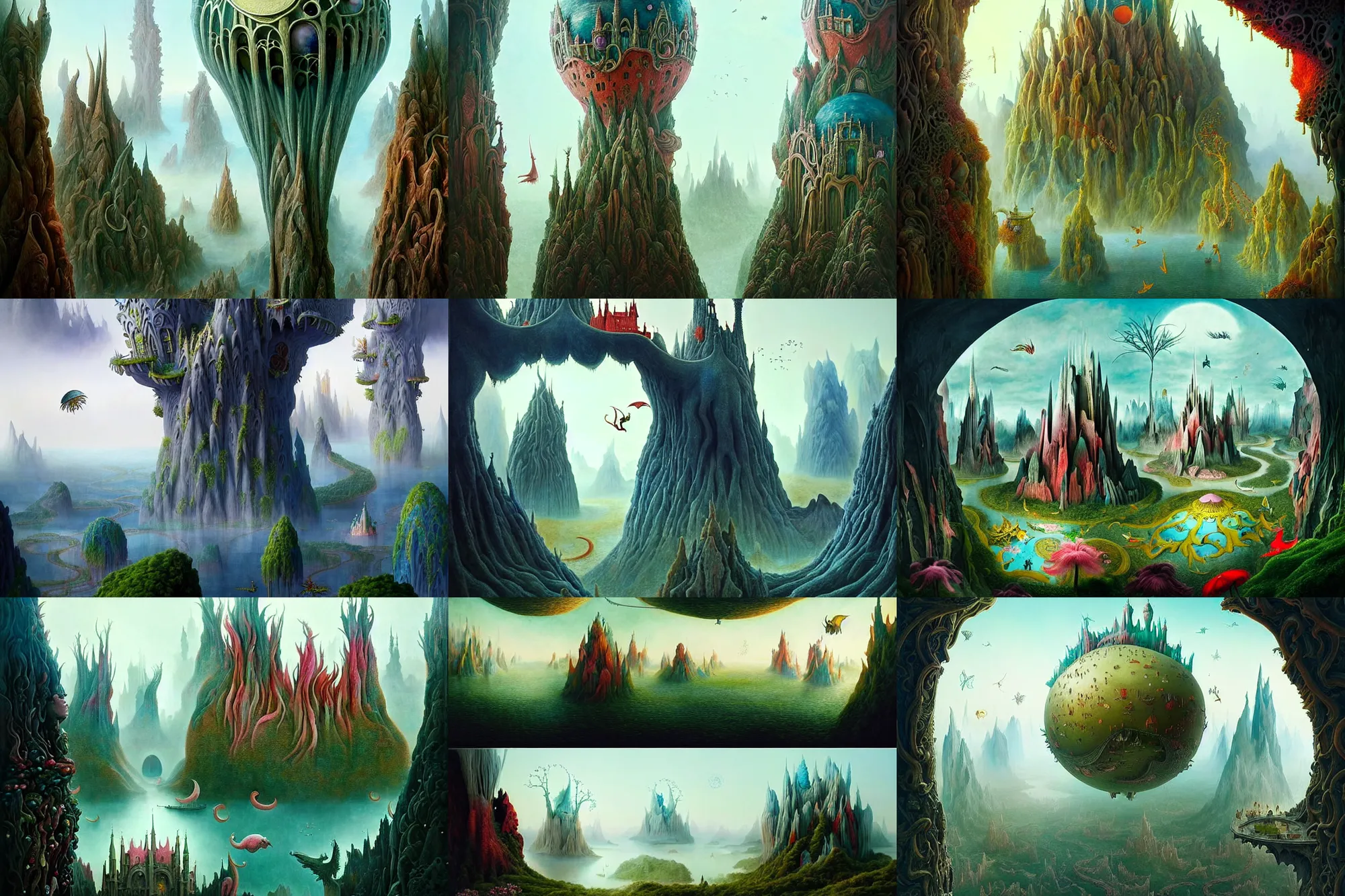 Prompt: a beguiling epic stunning beautiful and insanely detailed matte painting of windows into dream worlds with surreal architecture designed by Heironymous Bosch, dream world populated with mythical whimsical creatures, mega structures inspired by Heironymous Bosch's Garden of Earthly Delights, vast surreal landscape and horizon by Conrad Roset, masterpiece!!!, grand!, imaginative!!!, whimsical!!, epic scale, intricate details, sense of awe, elite, wonder, insanely complex, masterful composition!!!, sharp focus, fantasy realism, dramatic lighting