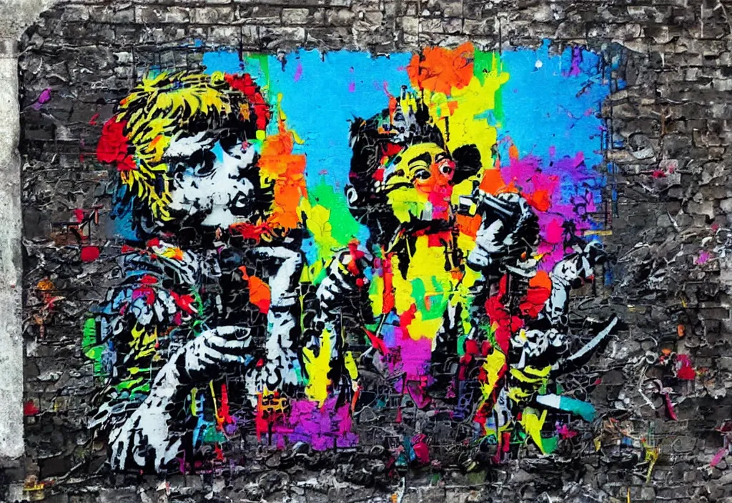 Image similar to full color banksy graffiti anti art, rage against the status quo, detailed, realistic, glitch art effect