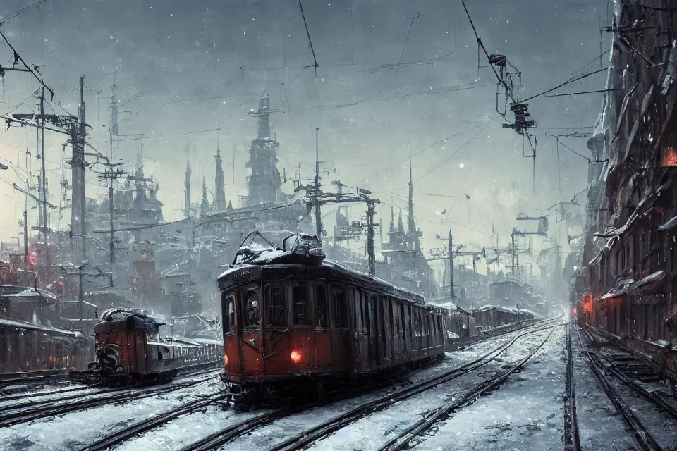 Image similar to highly detailed painting of dieselpunk stockholm, winter, snow, tram on rail tracks, dystopia, by greg rutkowski, by raphael lacoste, 4 k resolution, trending on artstation