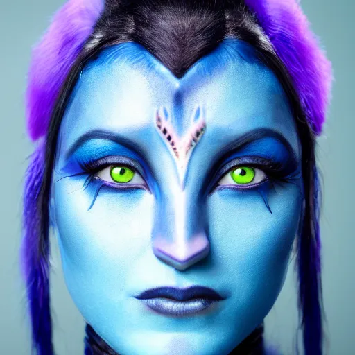 Image similar to close up headshot of a female navi from Avatar, blue skin, cosplay, photoshoot, studio lighting, photograpy by Bruce Weber