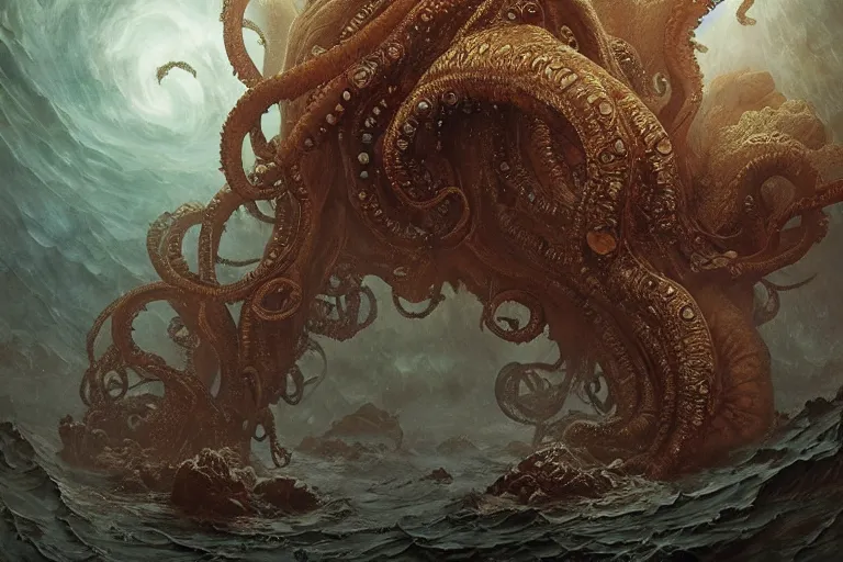 Image similar to a lovecraftian painting of cthulhu rising, cosmic horror elements, ultra realistic, concept art, intricate details, eerie, highly detailed, photorealistic, octane render, 8 k, unreal engine. art by artgerm and greg rutkowski and alphonse mucha