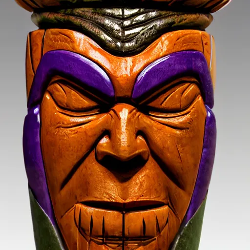 Image similar to a closeup photorealistic photograph of a thanos style tiki mug sitting at a trader vic's beach bar featuring the face of thanos. tiki party. bright scene. fine detail. this 4 k hd image is trending on artstation, featured on behance, well - rendered, extra crisp, features intricate detail, epic composition and the style of unreal engine.