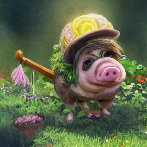 Image similar to cute and adorable little piggy pig doing some gardening wearing a cute hat, highly detailed, digital painting, artstation, concept art, smooth, sharp focus, illustration, art by yee chong and sydney hanson