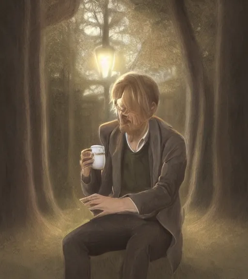 Prompt: Portrait of Antti Kervinen drinking coffee, in the park, charchoal drawing, dimly lit, wispy smoke, intricate, highly detailed, digital painting, artstation, concept art, sharp focus, illustration, art by einar jonsson